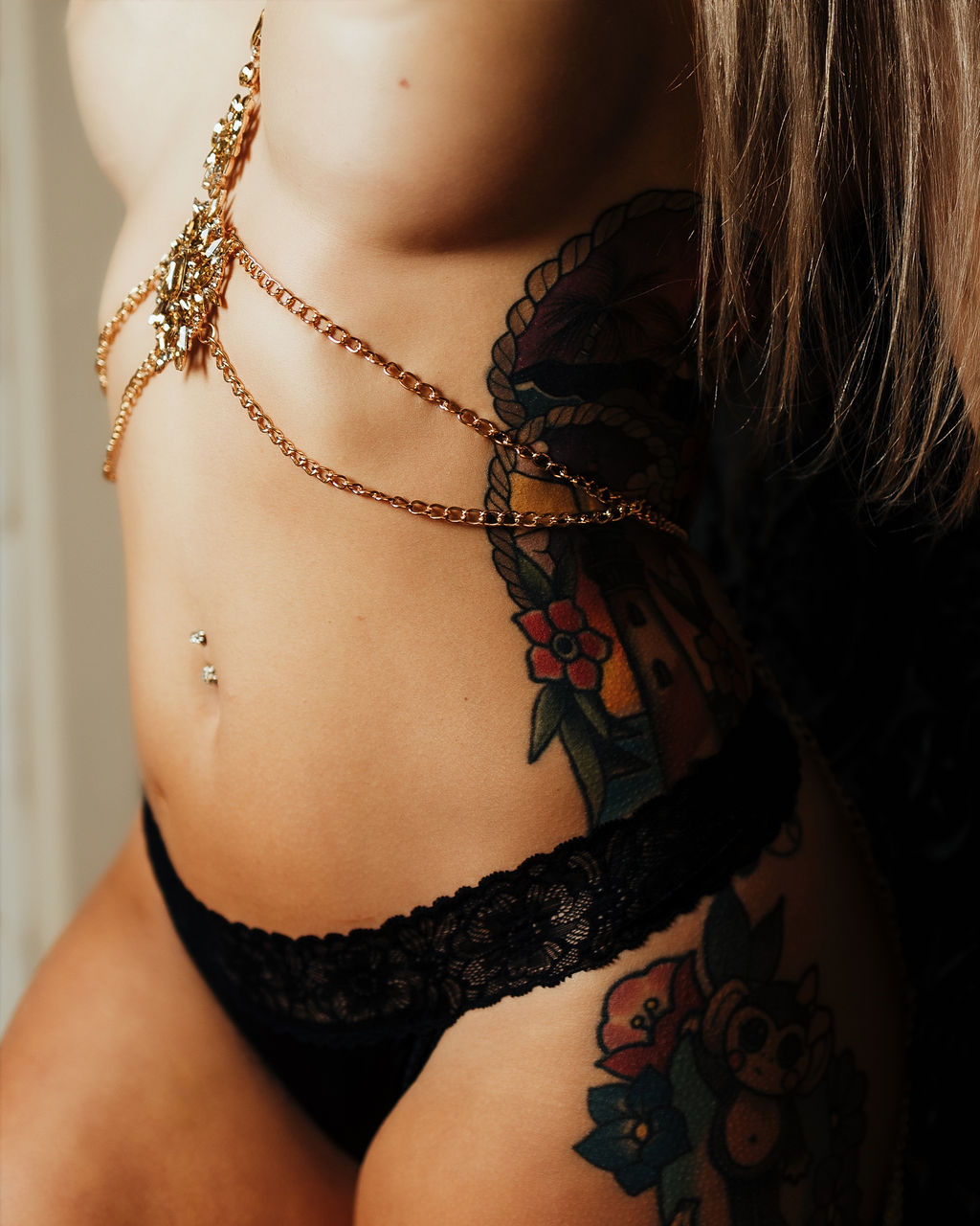 Details of a woman in lace underwear and chain jewelry